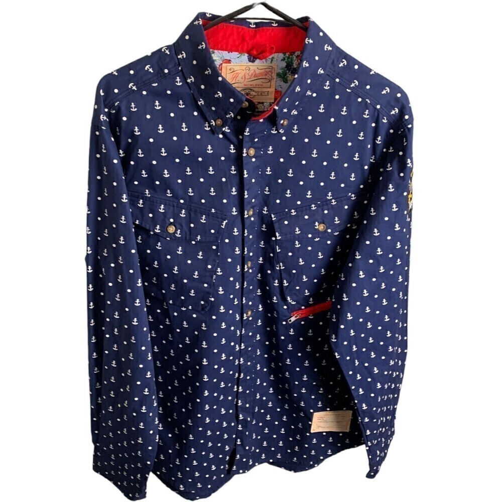 H & Dumar Anchor Pattern Button Down Shirt Navy B… - image 1